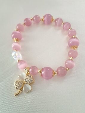 Pink Cat's Eye Clover Charm Stretch Bracelet